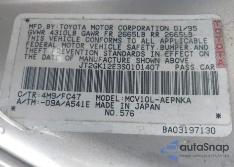 1995 Toyota Camry Le из США, поврежденный, VIN JT2GK12E3S0101407